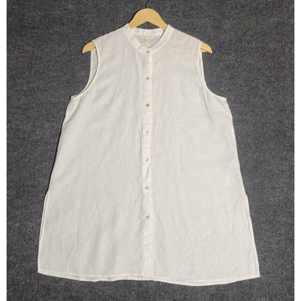 Eileen Fisher Womens Organic Linen Sleeveless Shirt L White Mandarin Collar